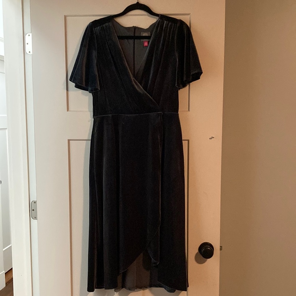 Vince Camuto Blue Flutter Sleeve Wrap Midi Dress